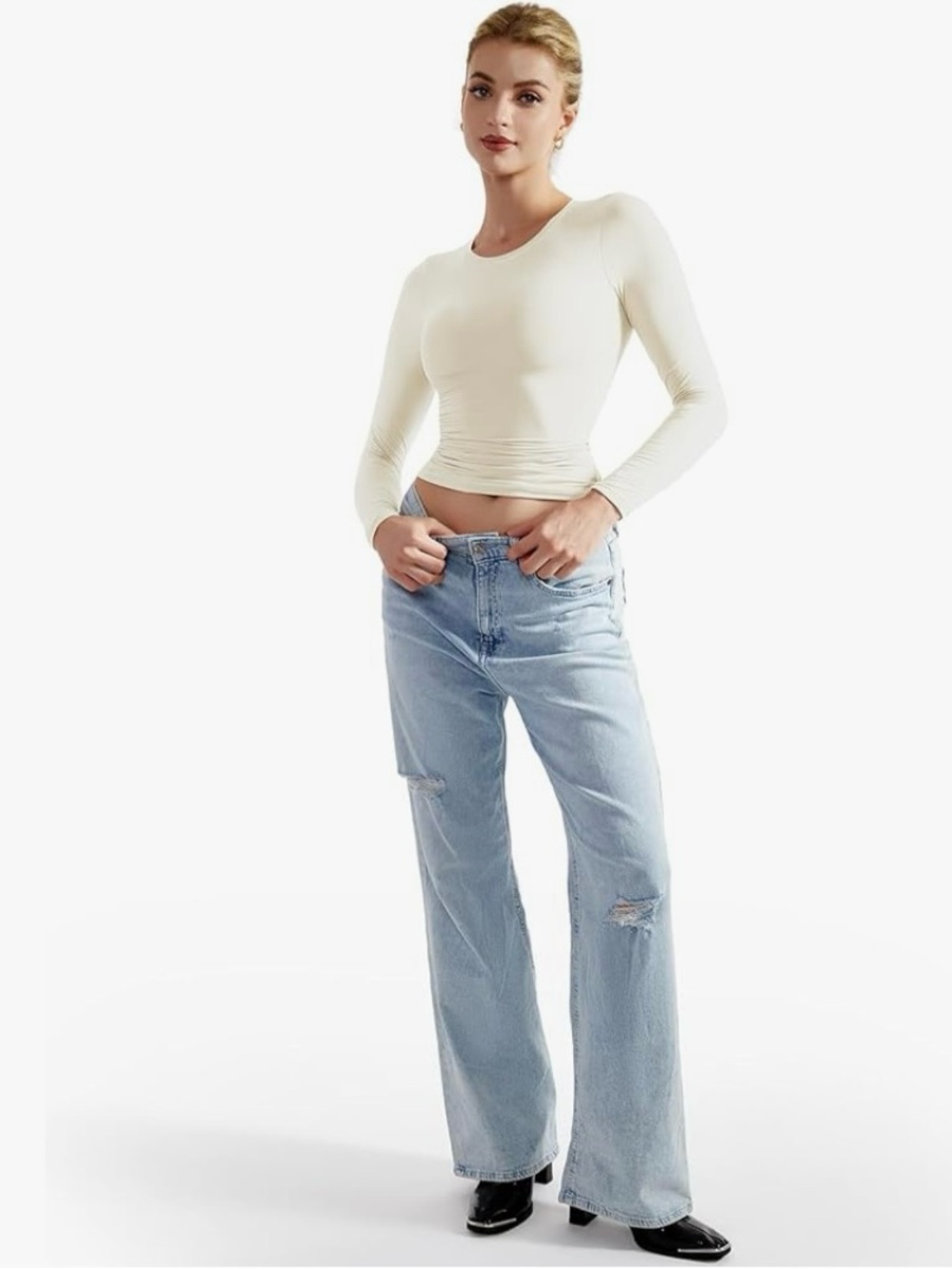 Women’s White Long Sleeve Crew Neck Top -Pearl White Spandex and Polyester